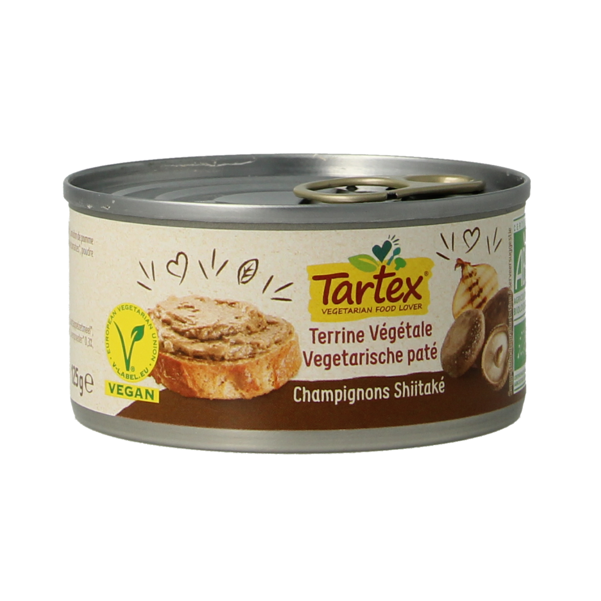 Tartex organic mushroom pâté spread on bread, 125g, served as a flavorful broodbeleg with fresh bread.