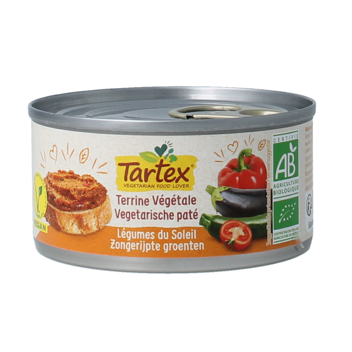 Tartex organic vegetable pâté spread on bread, showcasing a smooth, colorful broodbeleg with fresh vegetable ingredients.
