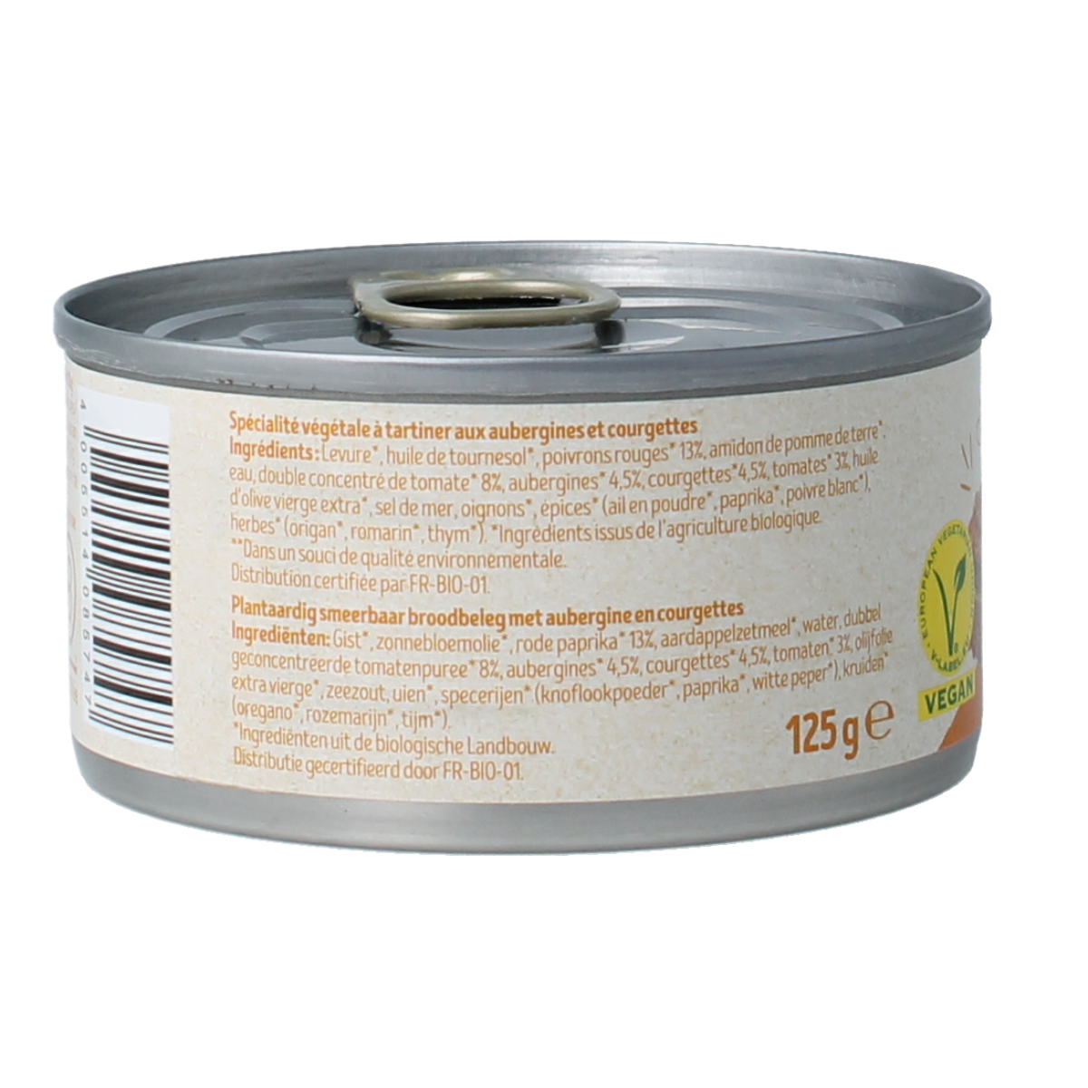Tartex organic zongerijpte groente pate spread on bread, 125g, natural and flavorful broodbeleg with fresh vegetable ingredients.