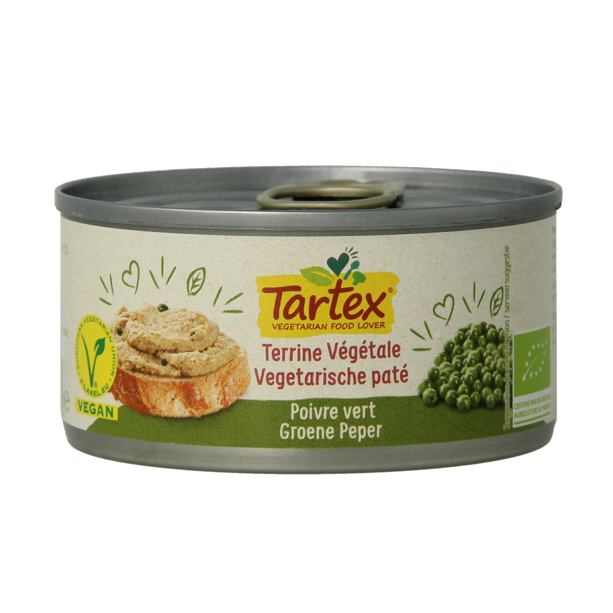 Tartex organic green pepper pate spread on bread, showcasing its vibrant green color and smooth texture in a close-up image.