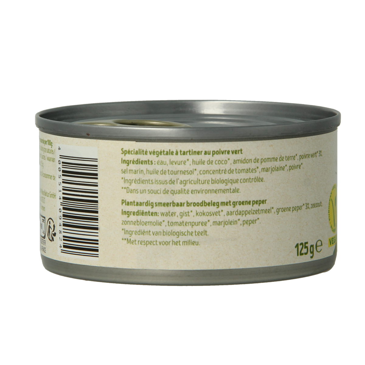 Tartex groene peper bio pate spread on bread, 125g, natural vegetarian broodbeleg with fresh green pepper flavor.