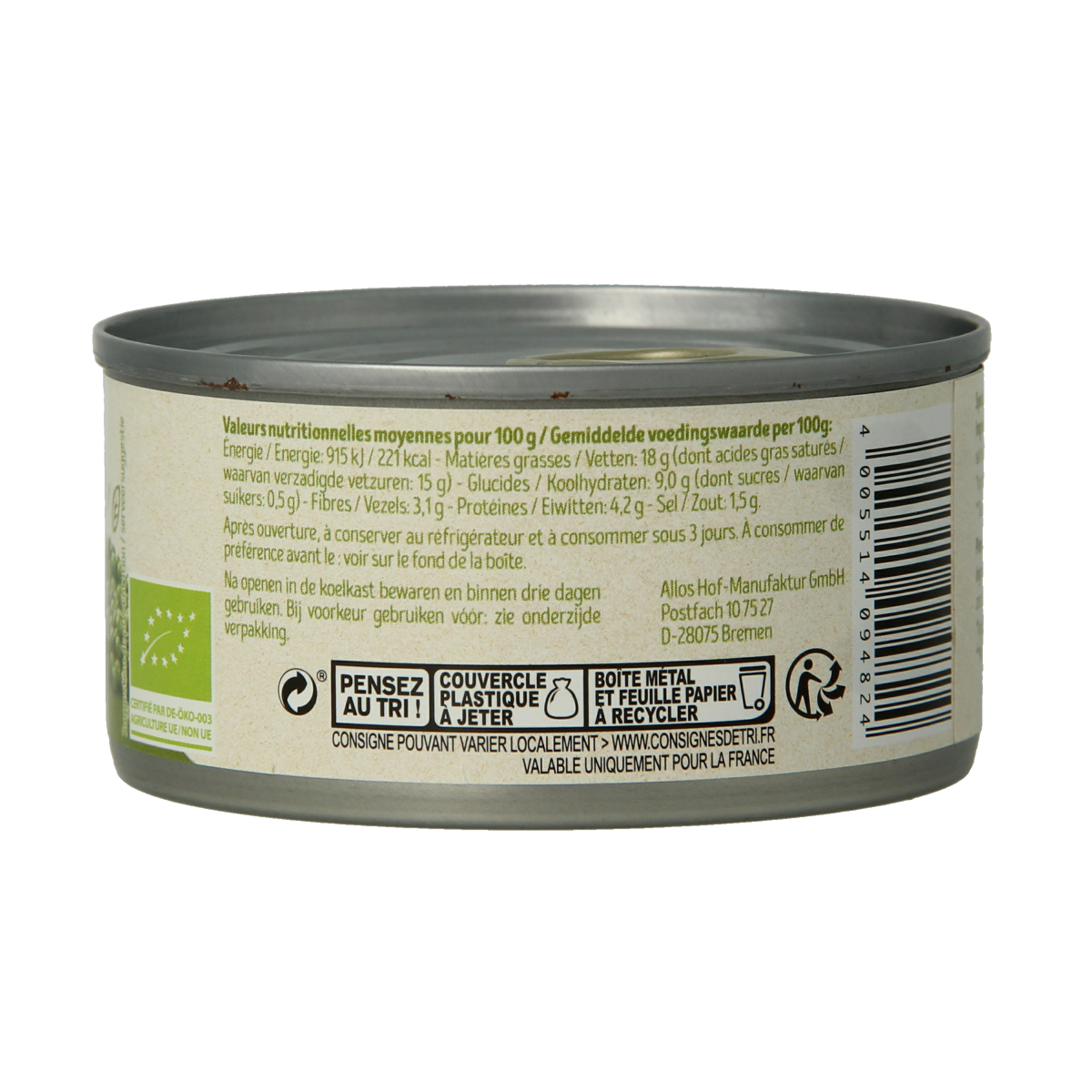 Tartex groene peper bio pate spread on bread, 125g, natural vegetarian broodbeleg by Tartex with fresh green pepper flavor.