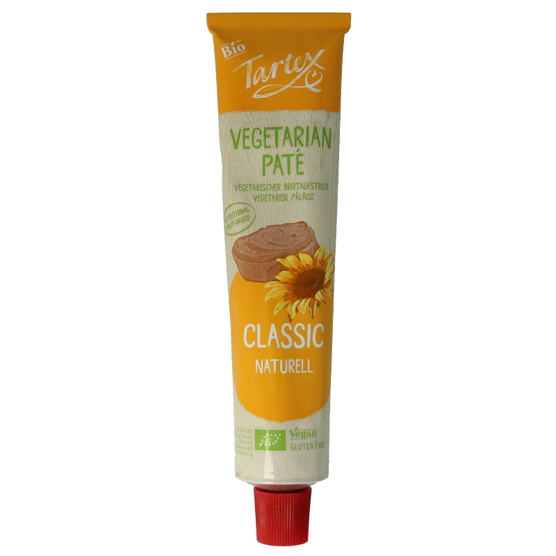 Tartex vegetarian pate in a 200g tube, perfect as a bio bread spread with a classic flavor.