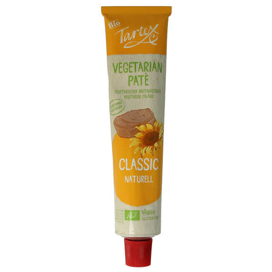 Tartex vegetarian pate in a 200g tube, perfect as a bio bread spread with a classic flavor.