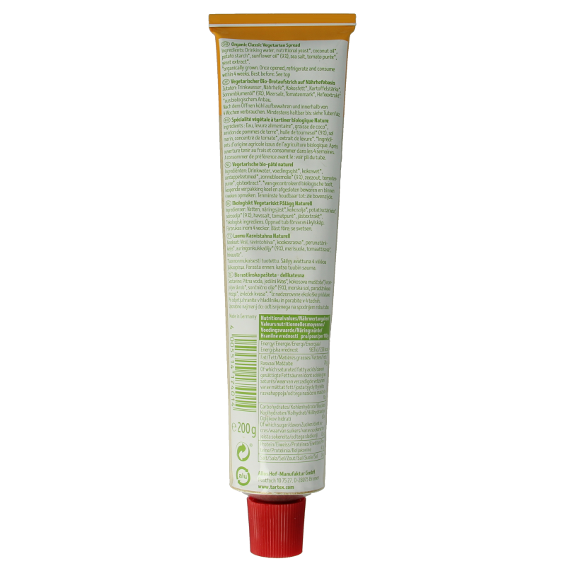 Vegetarian Tartex Classic Bio Pate in 200g tube, ideal as a flavorful bread spread or topping.
