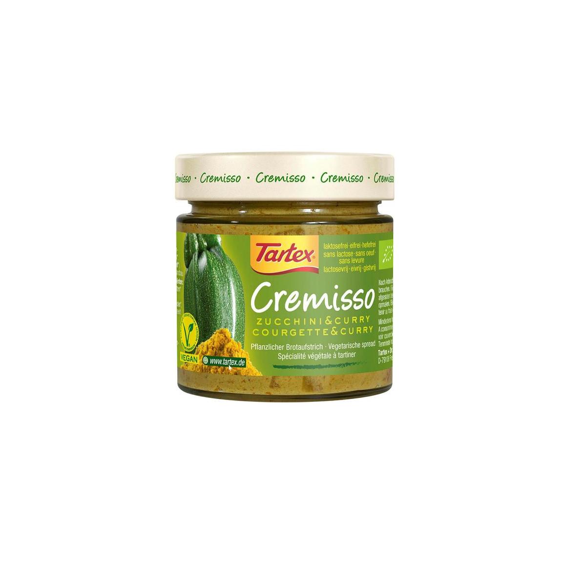 Tartex Cremisso courgette curry bio spread on bread, 180g, vegan organic broodbeleg with fresh zucchini flavor.