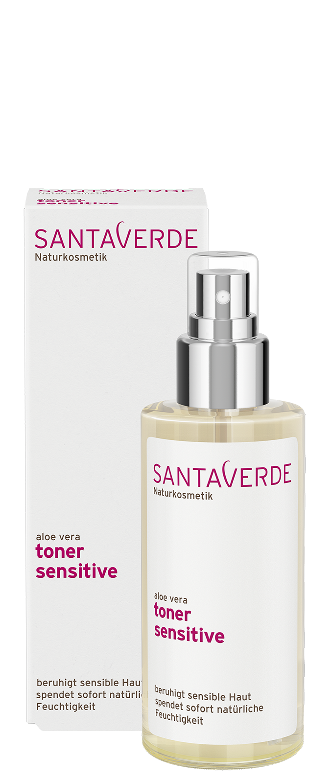 Santaverde Aloe Vera Toner Sensitive 100ml for gentle facial skin care, featuring fresh aloe vera in a clear bottle.