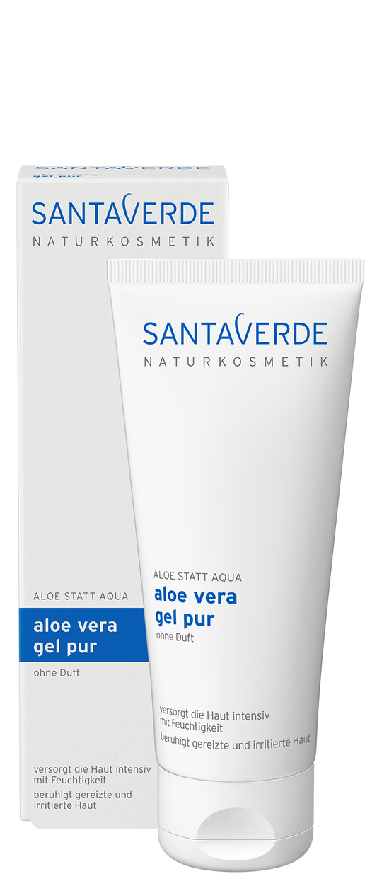 Santaverde Aloe Vera Pure Gel parfumvrij for body care in a 100ml bottle, natural and soothing aloe vera gel.