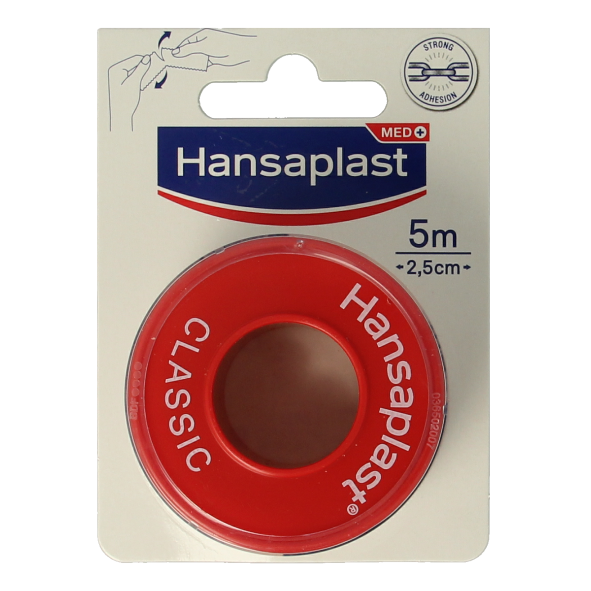 Hansaplast Hechtpleister classic adhesive bandage 5m x 2.5cm, shown on skin for wound protection.