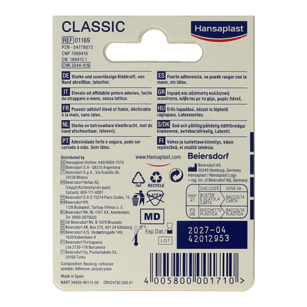 Hansaplast Hechtpleister classic adhesive bandage, 5m x 2.5cm, for wound protection, shown on a white background.