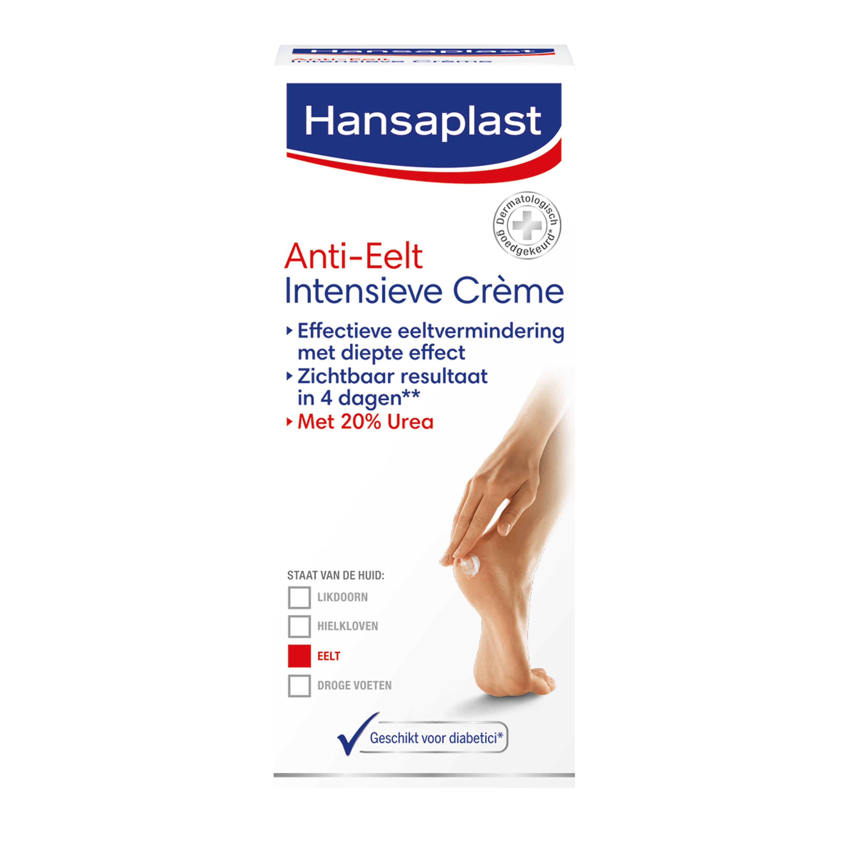 Hansaplast Anti-eelt crème for foot care, 75ml tube, moisturizing and smoothing treatment for rough skin on feet.