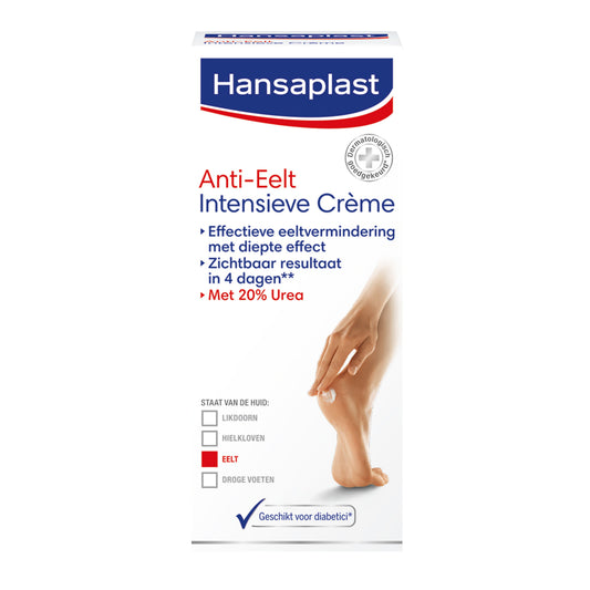 Hansaplast Anti-eelt crème for foot care, 75ml tube, moisturizing and smoothing treatment for rough skin on feet.