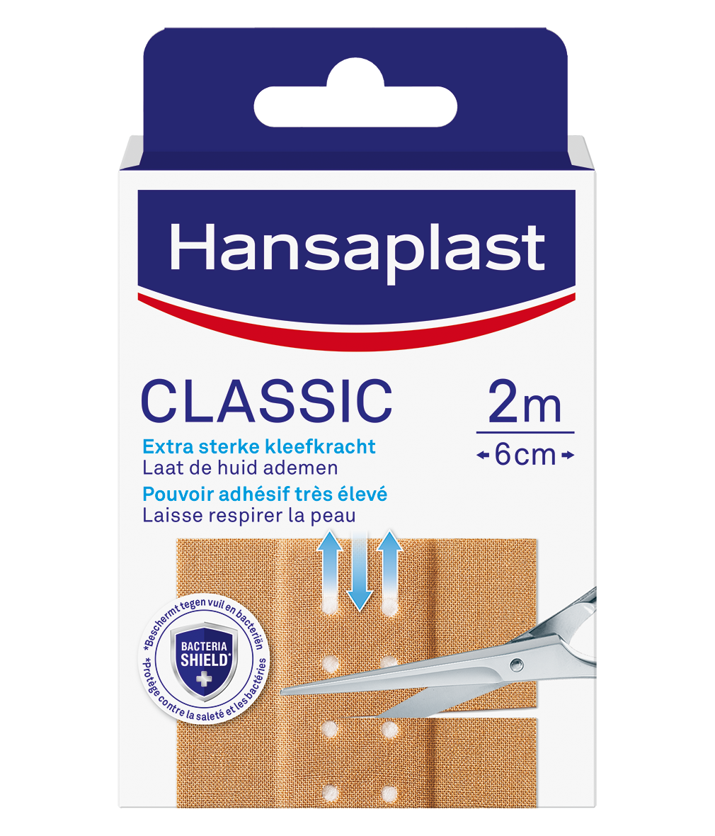 Hansaplast Classic 2m x 6cm adhesive bandage and tape for wound care with flexible fabric material.