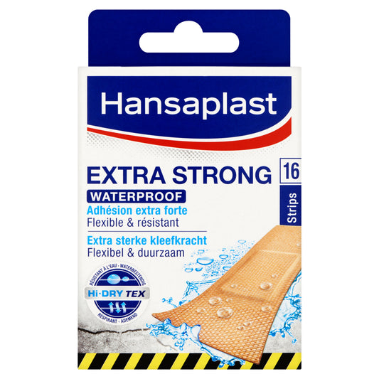 Hansaplast waterproof extra strong bandages and tape, 16 pack, for durable wound protection and first aid.