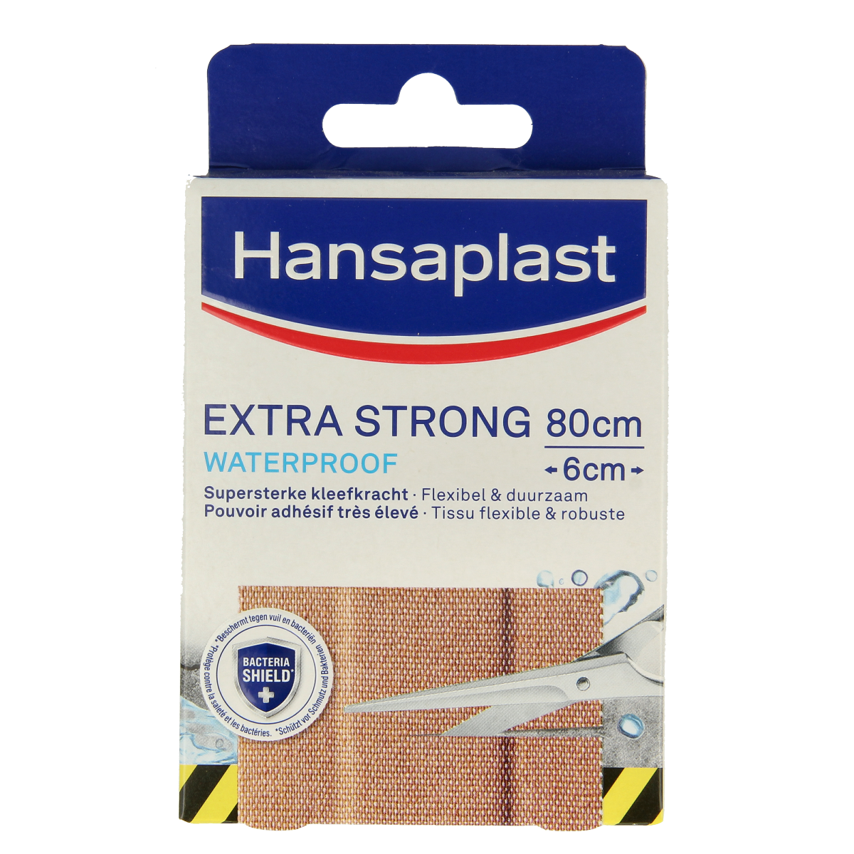 Hansaplast extra strong waterproof plasters, 8-pack, adhesive bandages for wound protection and skin healing.