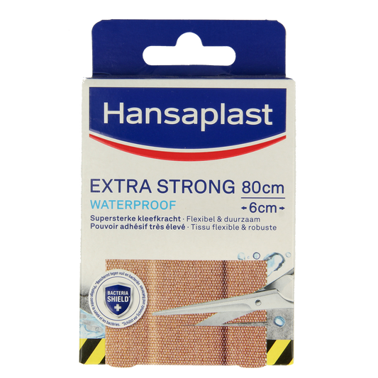 Hansaplast extra strong waterproof plasters, 8-pack, adhesive bandages for wound protection and skin healing.