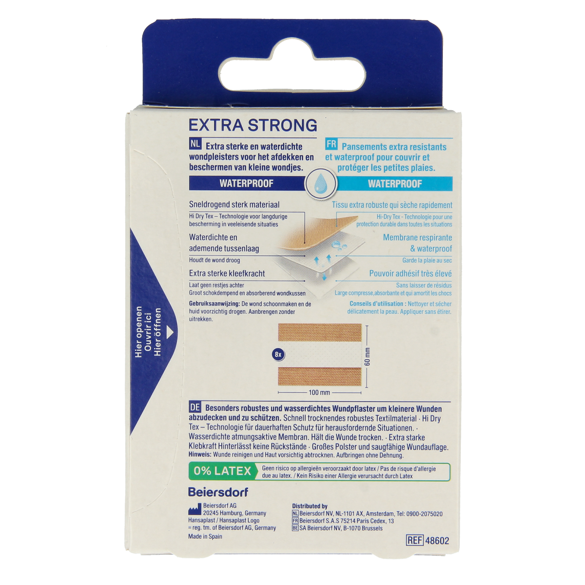Hansaplast extra strong waterproof plasters pack with 8 adhesive bandages, suitable for durable wound protection.
