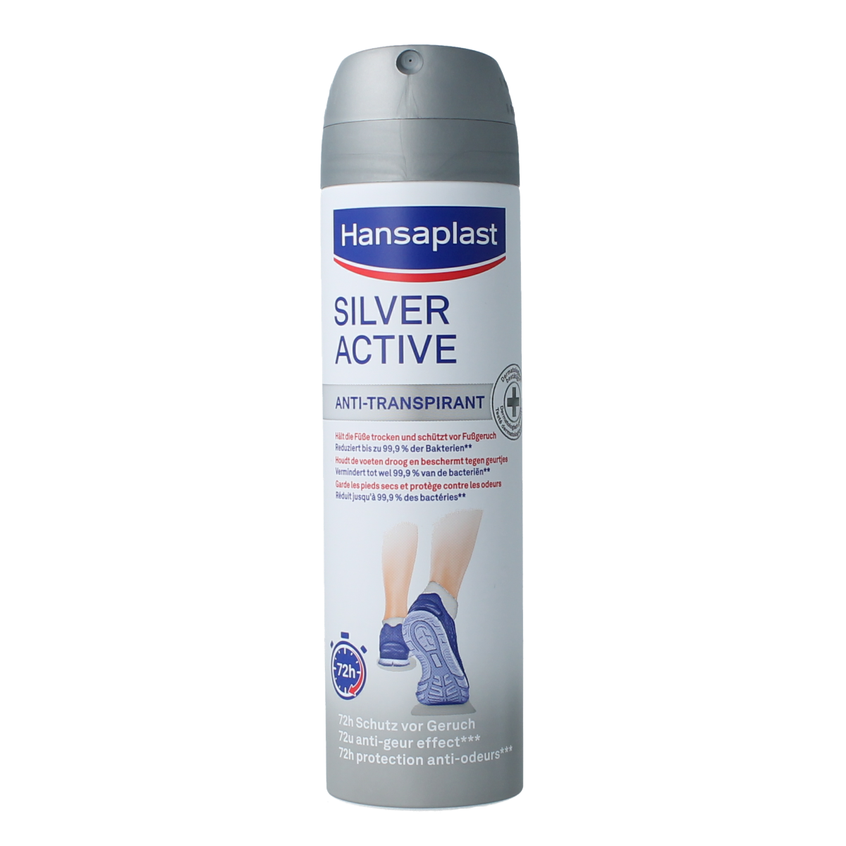 Hansaplast Silver Active foot deodorant 150ml bottle, foot care product with silver for odor control and freshness.
