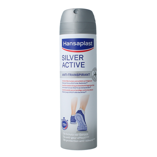 Hansaplast Silver Active foot deodorant 150ml bottle, foot care product with silver for odor control and freshness.