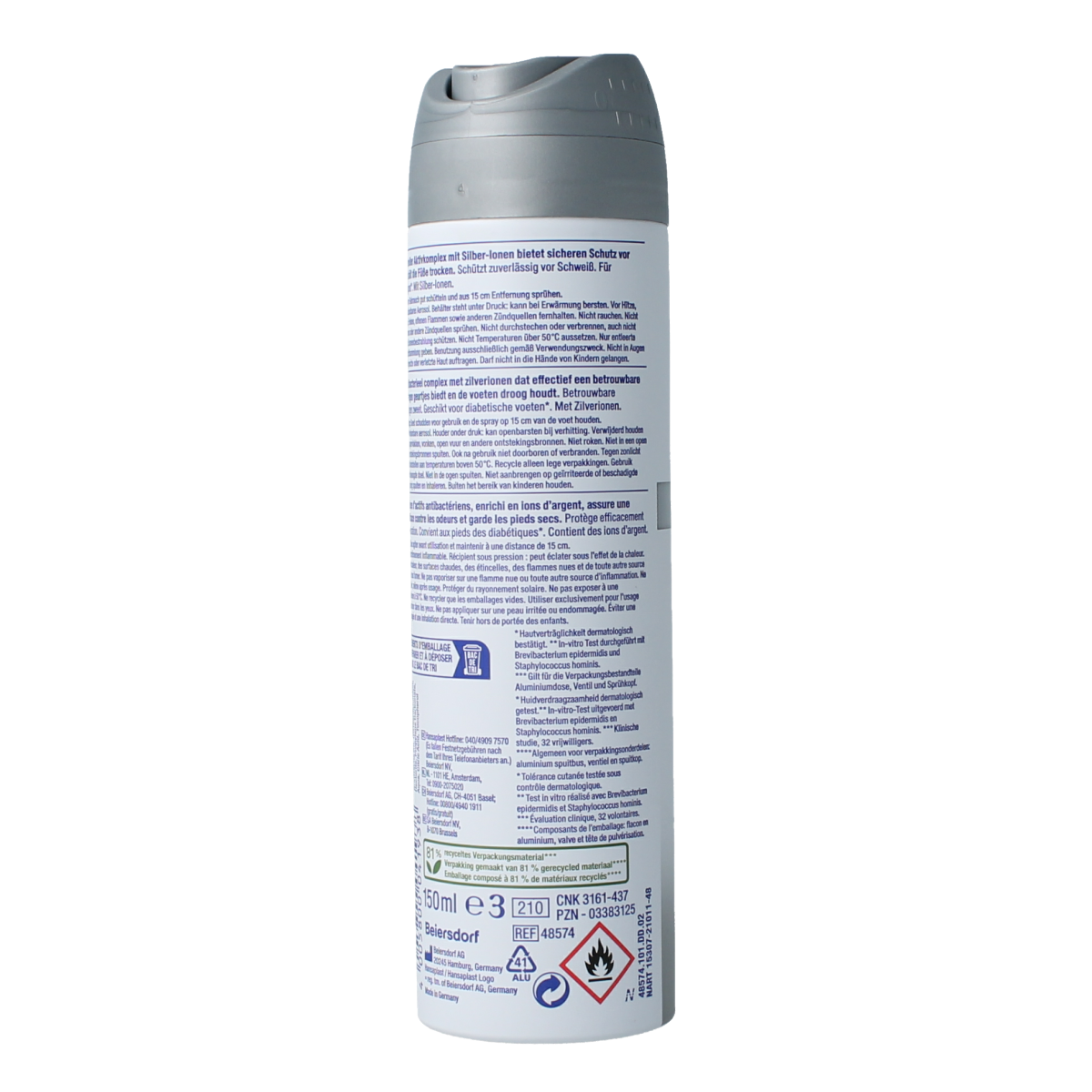 Hansaplast Silver Active foot deodorant spray, 150ml, for foot odor control and freshness in foot care routine.