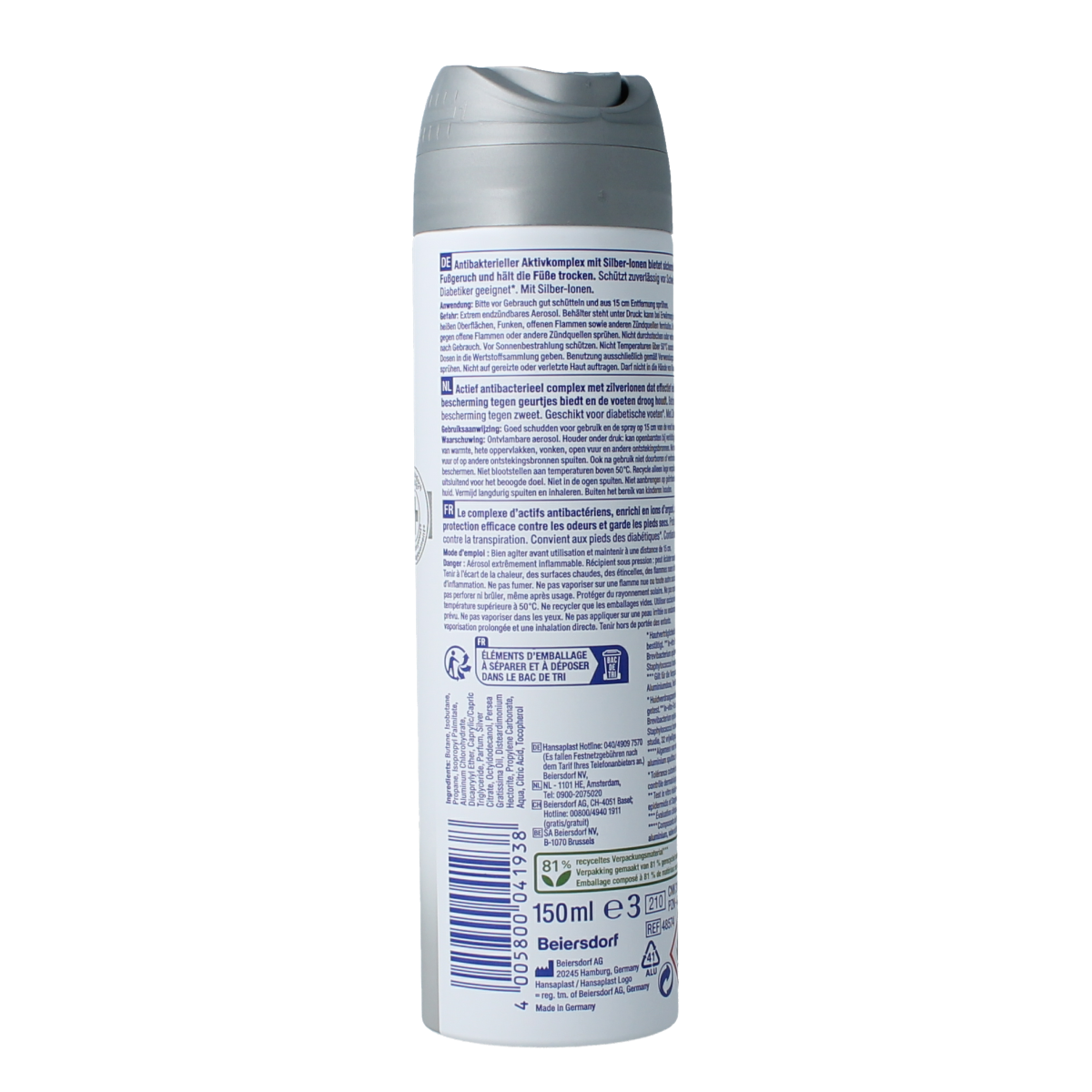 Hansaplast Silver Active foot deodorant spray, 150ml, for foot odor control and freshness in foot care.