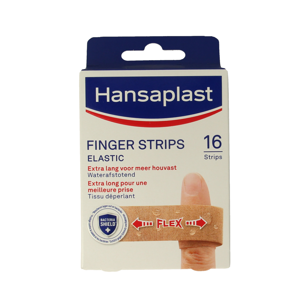 Hansaplast elastic finger strips, 16-piece pack of adhesive plasters and tape for finger injuries, shown in the image.