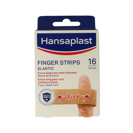 Hansaplast elastic finger strips, 16-piece pack of adhesive plasters and tape for finger injuries, shown in the image.