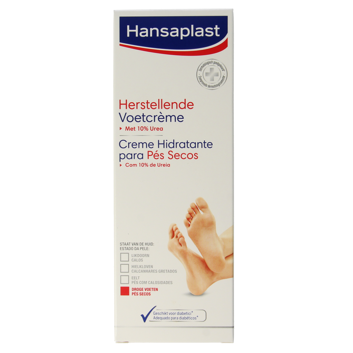 Hansaplast foot cream for repair in 100ml, featuring a tube with cream for nourishing and caring for tired, dry feet.