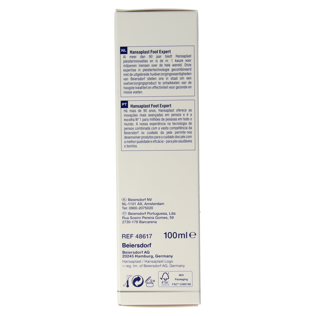 Hansaplast Voetcreme herstellend 100ml, nourishing foot care cream for smooth, healthy feet, shown in a white tube with blue cap.