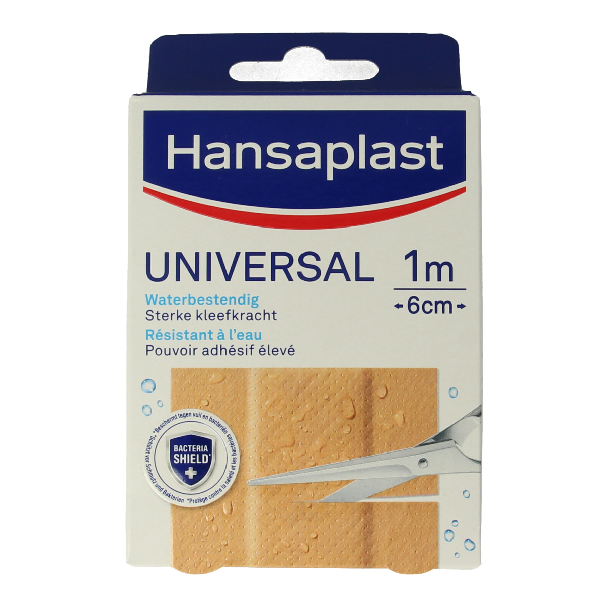 Hansaplast Universal 1m x 6cm adhesive bandage strip, versatile plaster and tape for wound care, shown in the image.