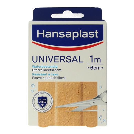 Hansaplast Universal 1m x 6cm adhesive bandage strip, versatile plaster and tape for wound care, shown in the image.