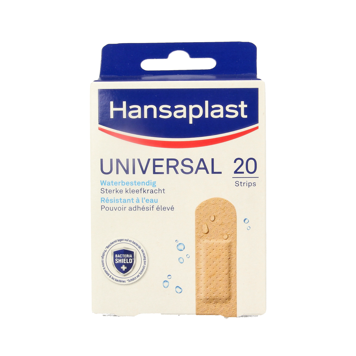 Hansaplast Universal strips and tape, 20-pack, adhesive bandages for minor cuts and injuries, shown on a white background.