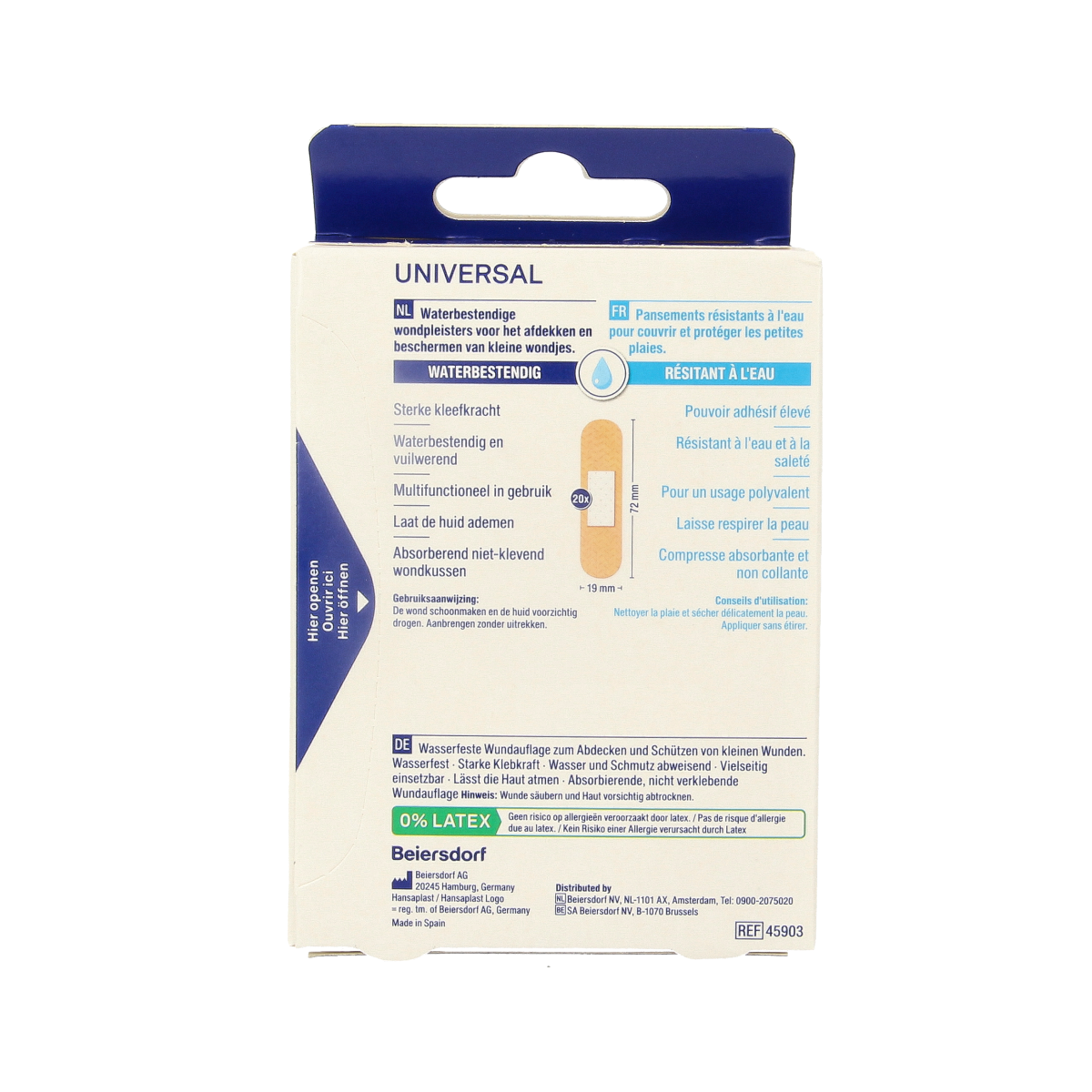 Hansaplast Universal adhesive strips and tape, 20-pack, first aid bandages for cuts and wounds.
