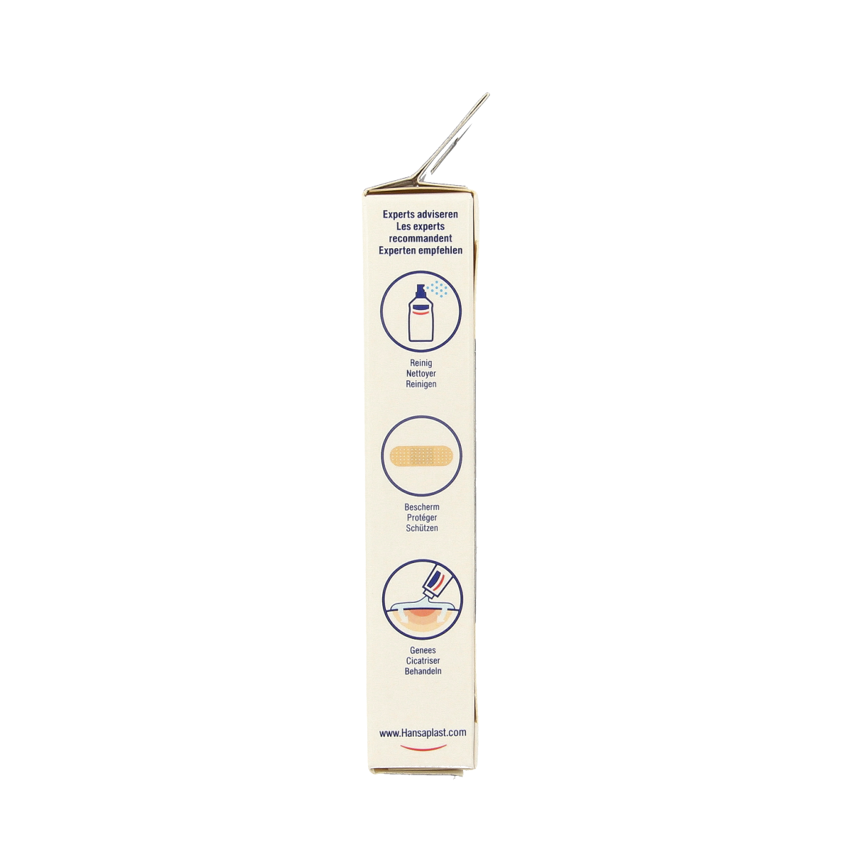 Hansaplast Universal strips, 20 pleisters and tape for wound care, shown in a box with adhesive bandages and first aid tape.