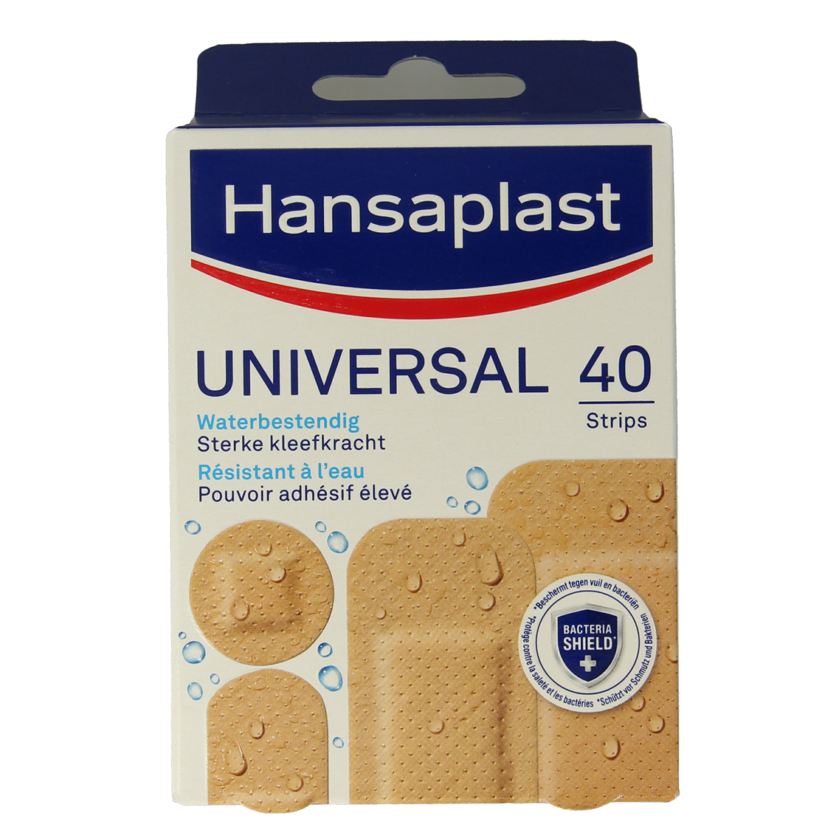 Hansaplast water-resistant universal bandages and tape, 40-pack, with adhesive strips for first aid and wound care.