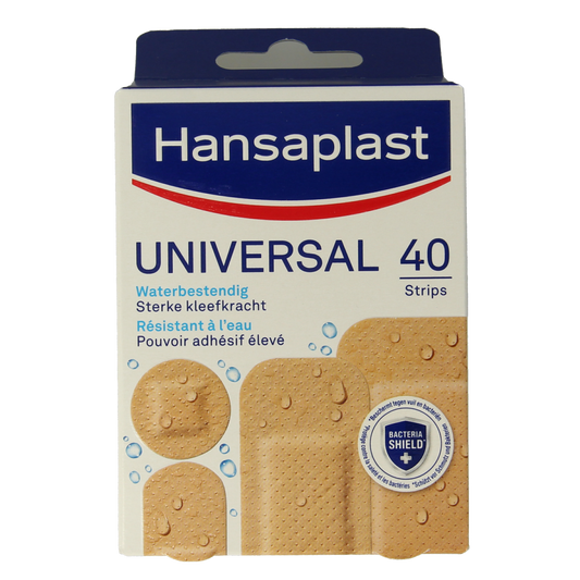Hansaplast water-resistant universal bandages and tape, 40-pack, with adhesive strips for first aid and wound care.