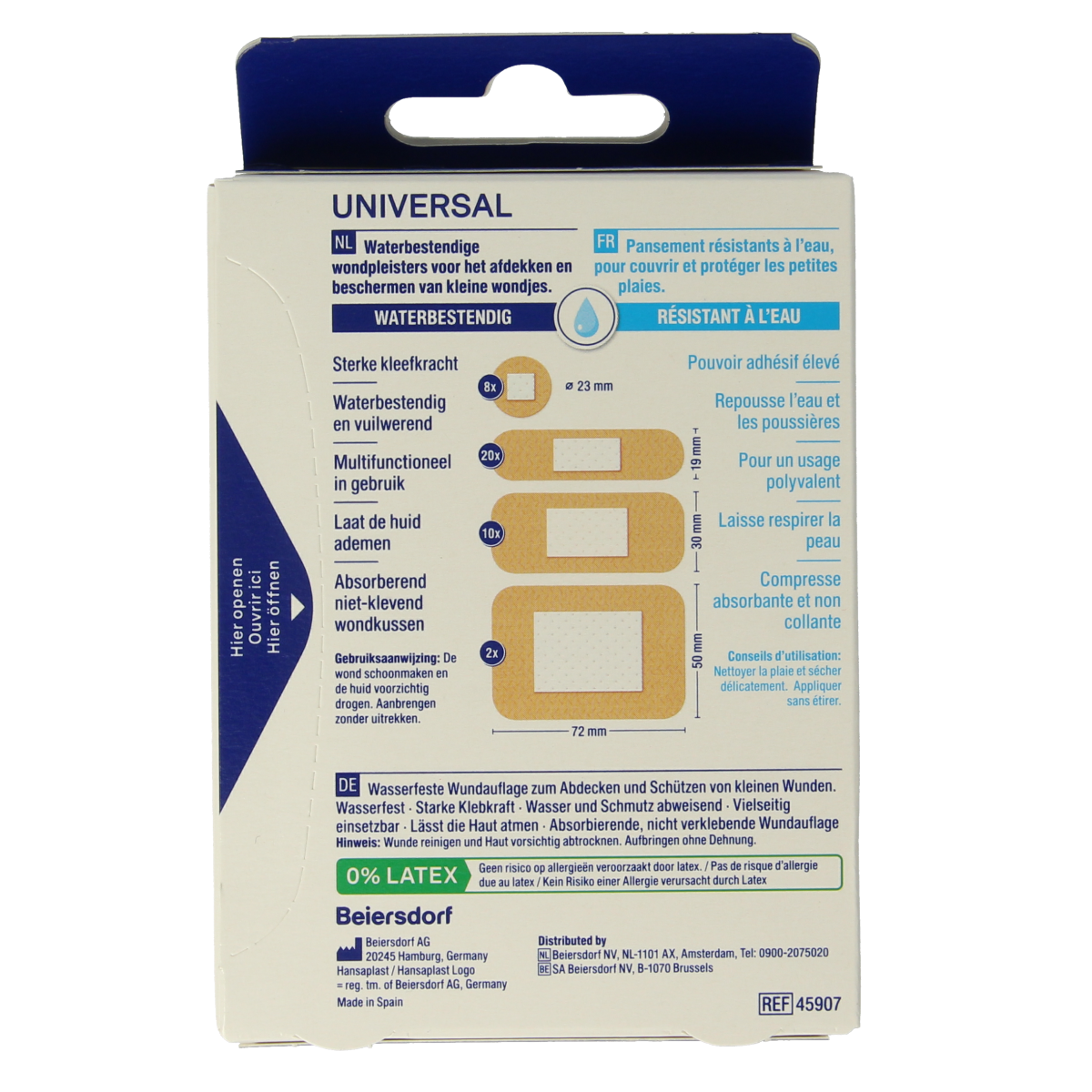 Hansaplast water-resistant universal adhesive strips, 40-pack, for minor cuts and wounds, shown in the image.