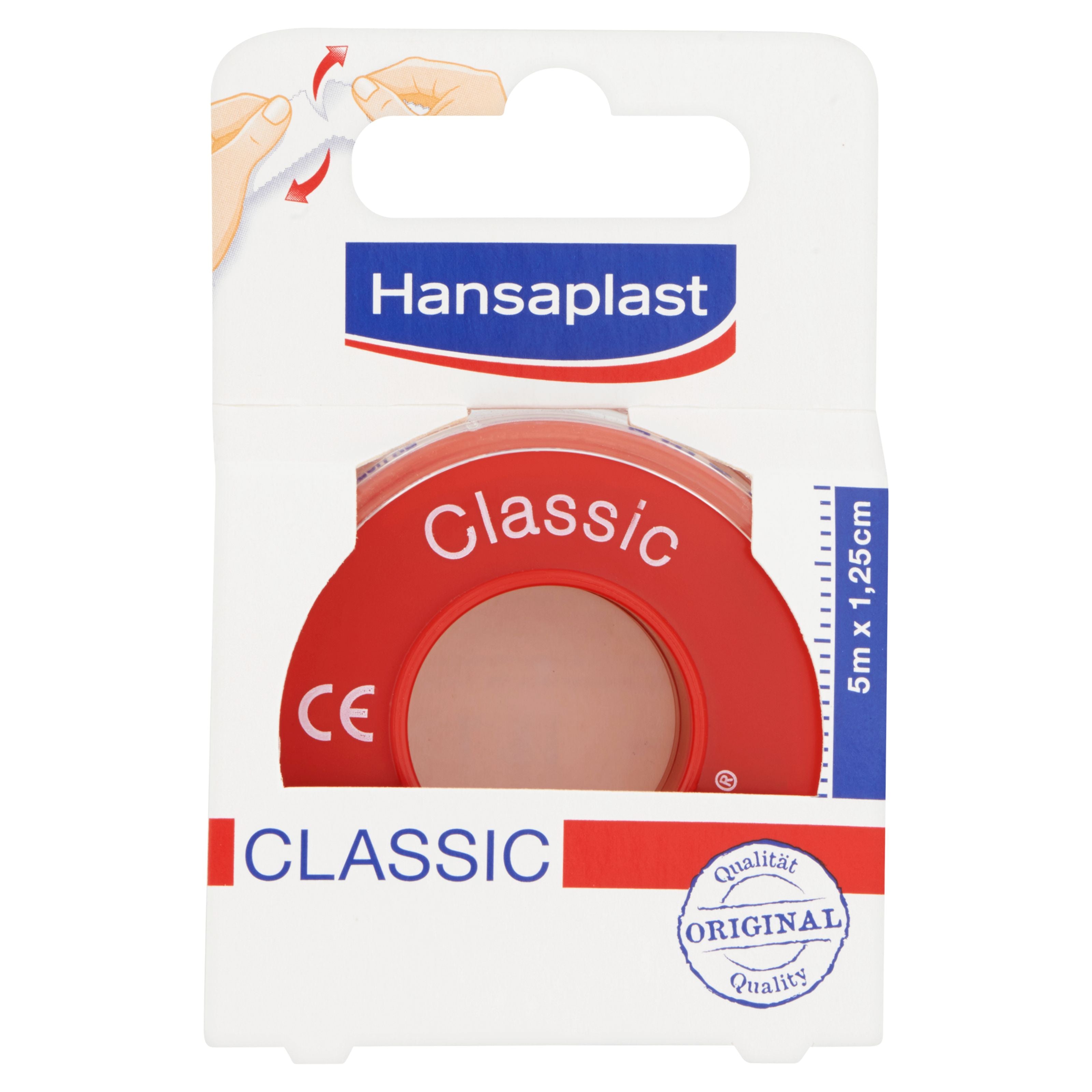 Hansaplast classic adhesive bandage roll 5m x 1.25cm, flexible plaster for wound protection and healing.