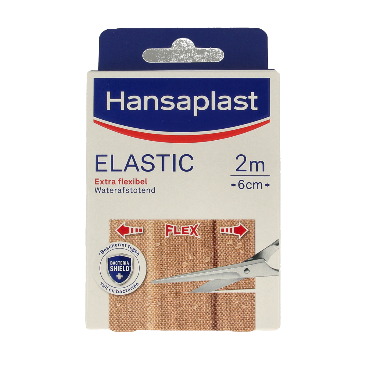 Hansaplast Elastic waterproof adhesive bandage 2m x 6cm for securing wounds, shown in the image with packaging.