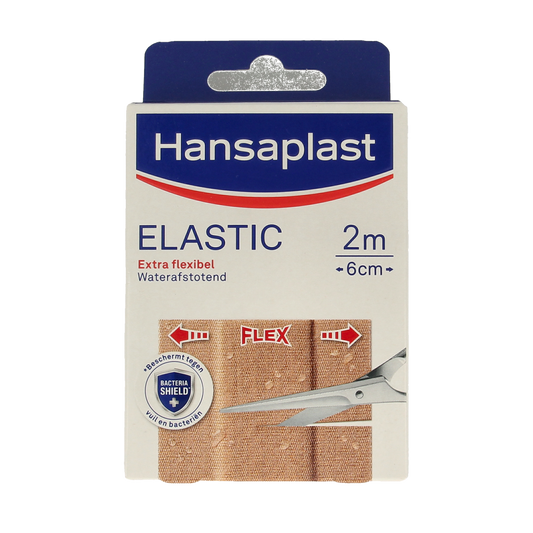 Hansaplast Elastic waterproof adhesive bandage 2m x 6cm for securing wounds, shown in the image with packaging.
