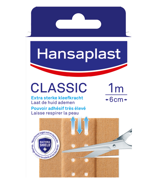 Hansaplast Classic adhesive bandage, 1 meter by 6 centimeters, for wound care and protection.