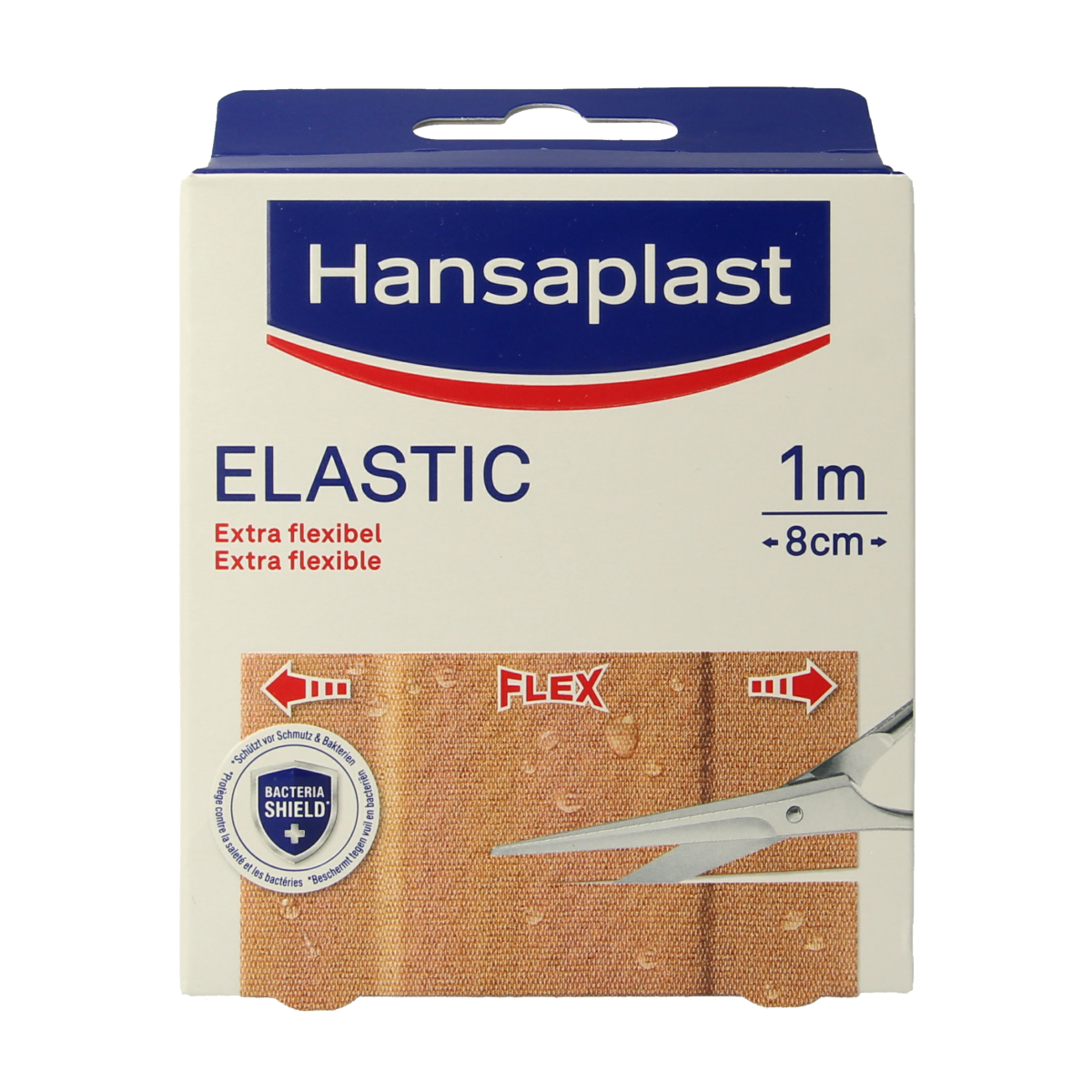 Hansaplast Elastic bandage 1m x 8cm, flexible adhesive tape for wound support, shown in image.