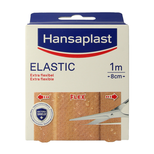 Hansaplast Elastic bandage 1m x 8cm, flexible adhesive tape for wound support, shown in image.