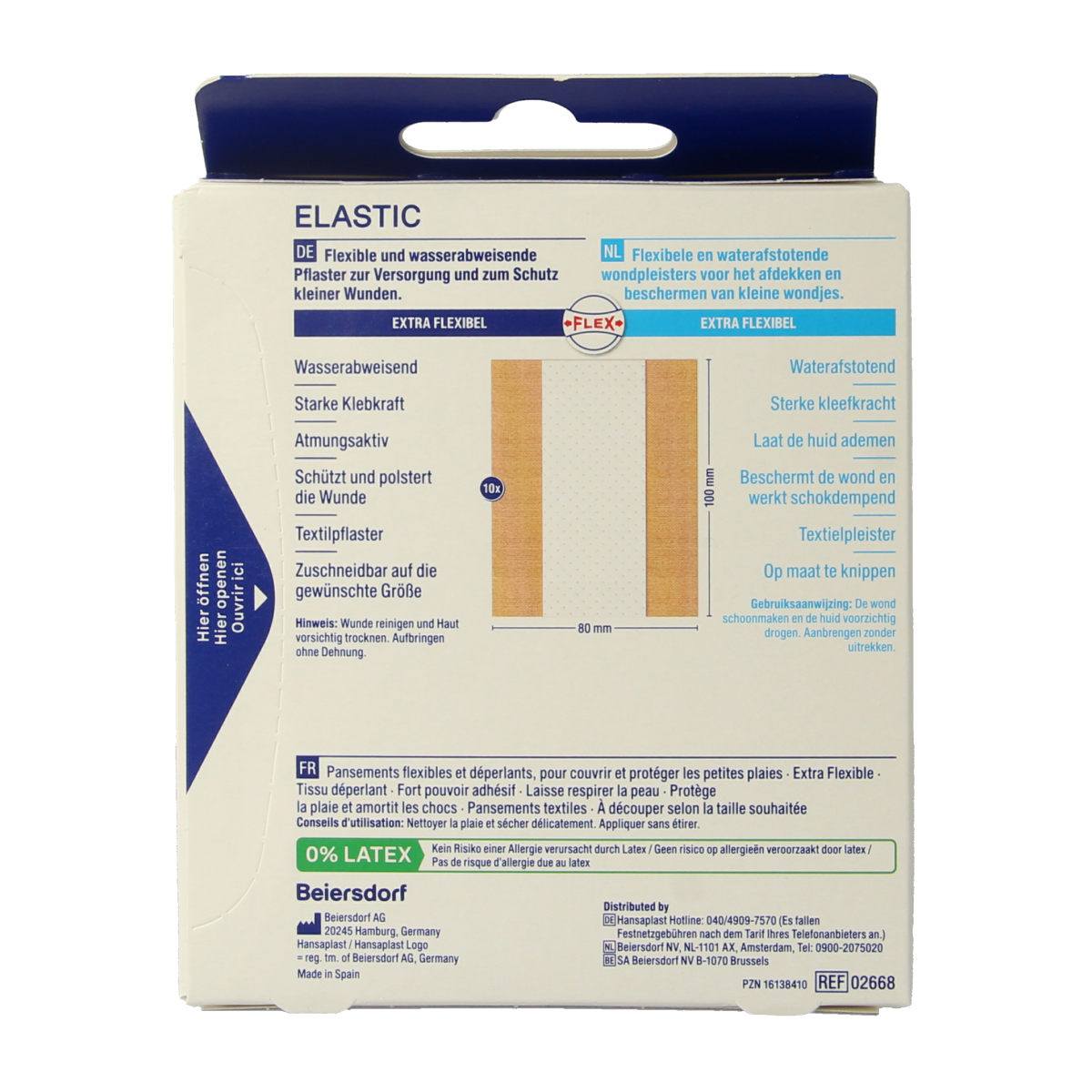 Hansaplast Elastic adhesive bandage, 1 meter by 8 cm, flexible medical tape for wound support and protection.