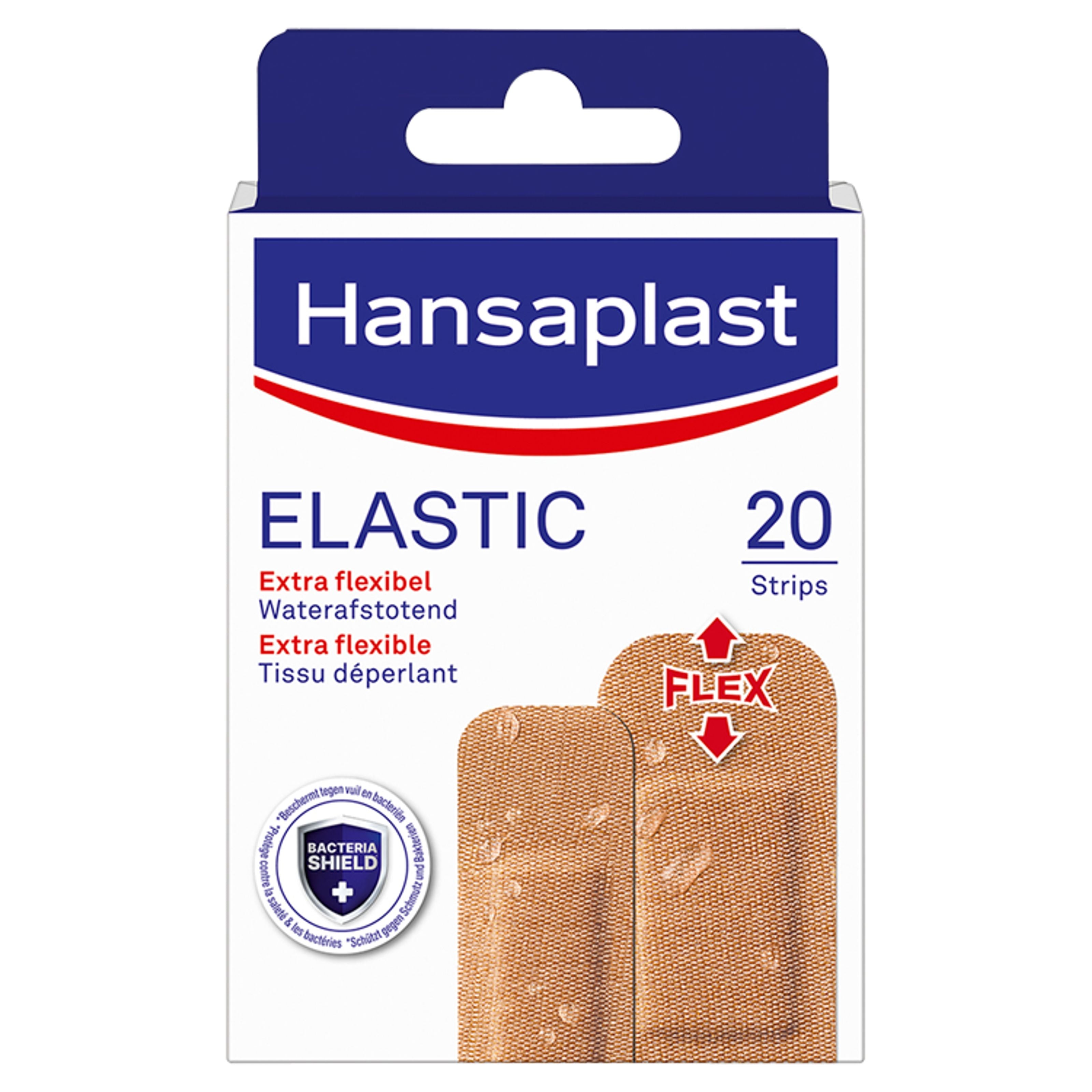 Hansaplast elastic waterproof plasters in a box of 20, soft and flexible bandages for wound protection.