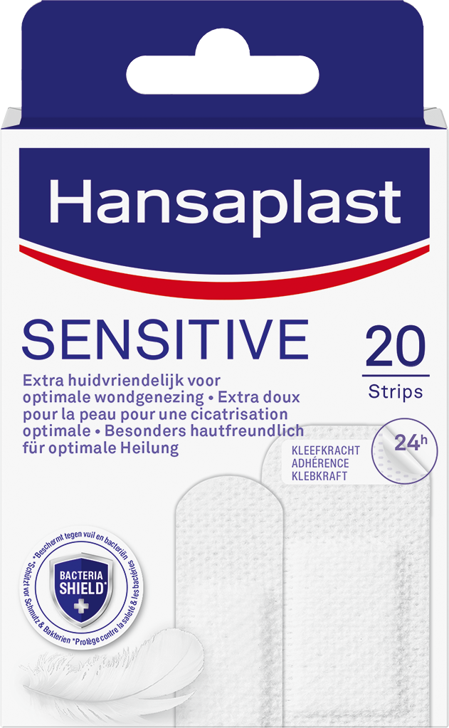 Hansaplast Sensitive adhesive strips, 20 pack, for gentle skin protection, shown in the image.