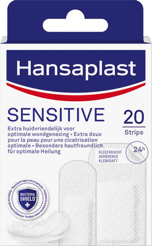 Hansaplast Sensitive adhesive strips, 20 pack, for gentle skin protection, shown in the image.