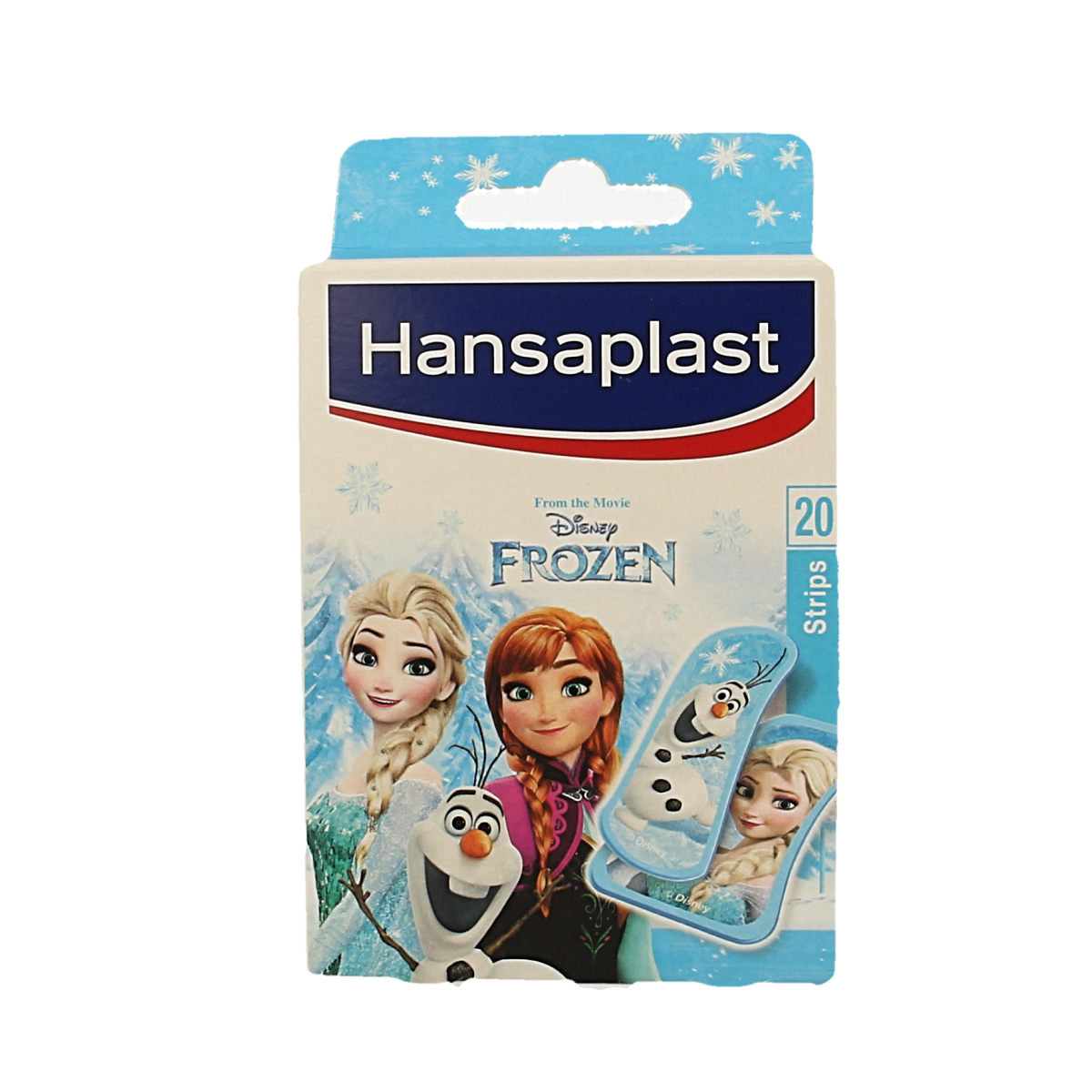 Hansaplast frozen-themed bandage strips, 20-pack, with blue and white design, suitable for minor cuts and injuries.