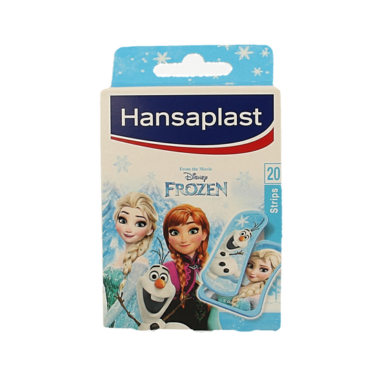 Hansaplast frozen-themed bandage strips, 20-pack, with blue and white design, suitable for minor cuts and injuries.