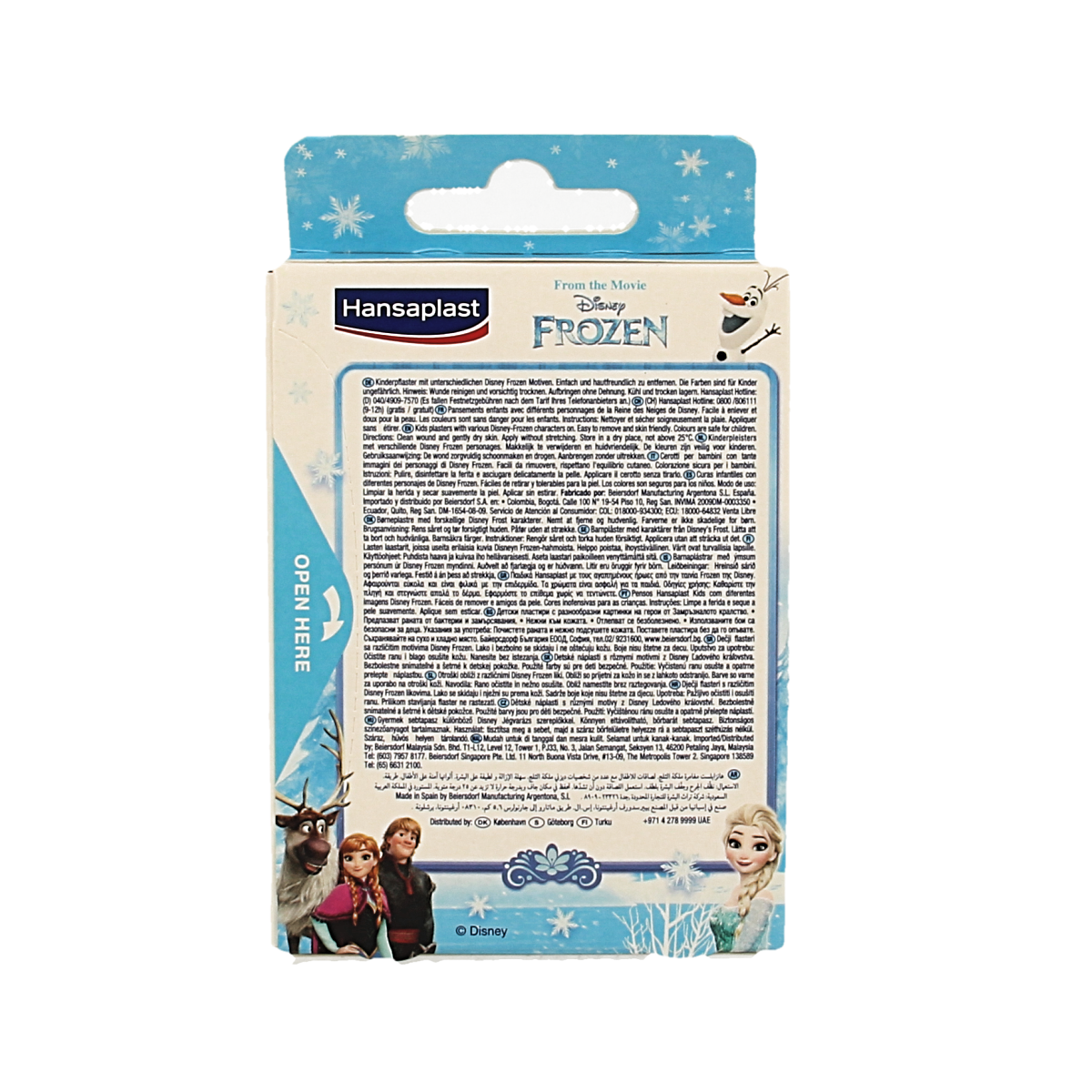 Hansaplast frozen-themed adhesive bandages, 20 pack, with colorful cartoon designs for children, suitable for minor cuts and scrapes.